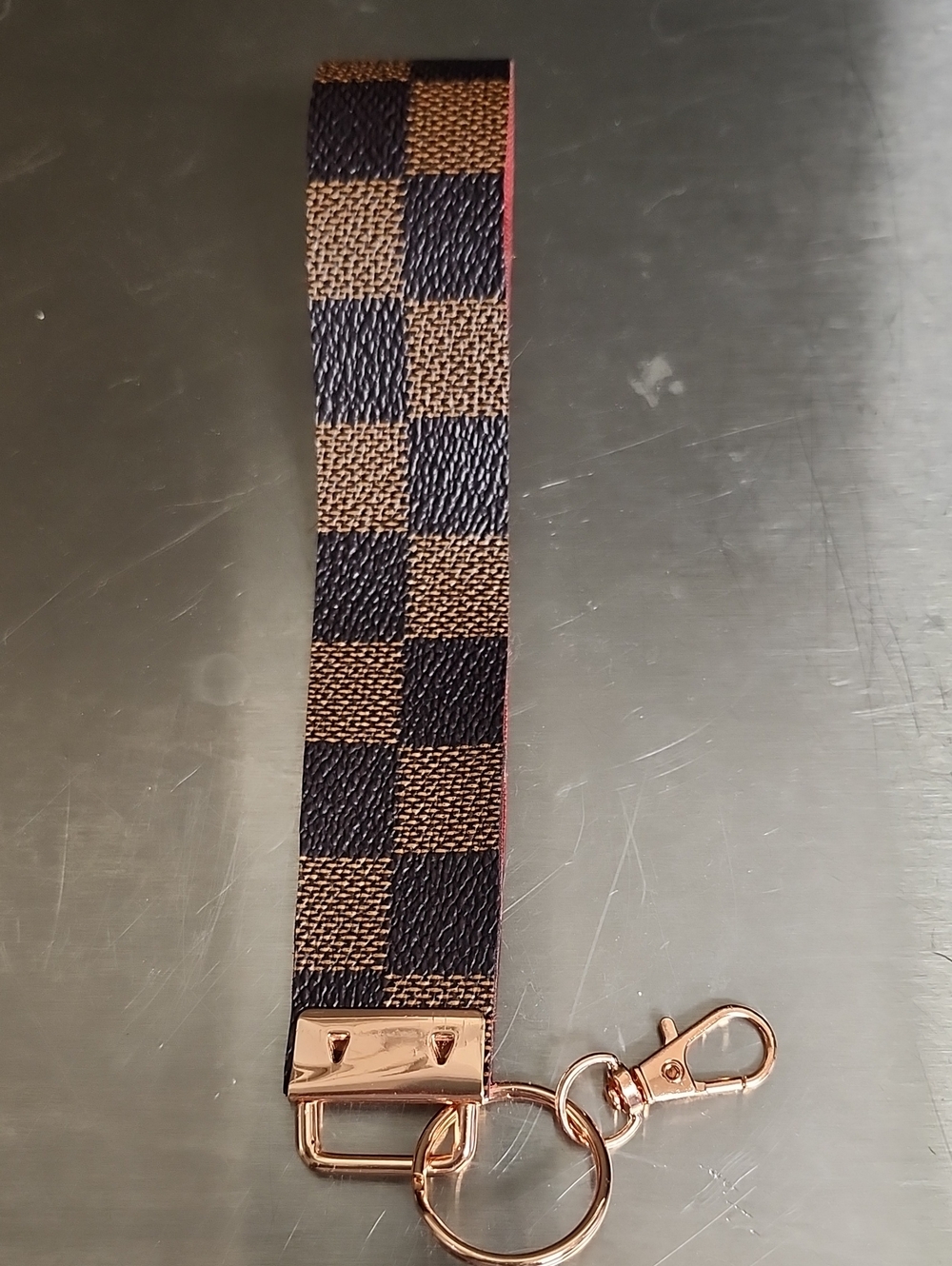Brown Checkered Wristlet Key Fob with Rose Gold Hardware
